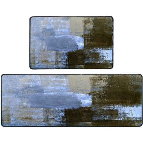 Vintage Kitchen Rug Blue and Brown Abstract Art Painting 17"x48"+17"x30" Abstract Area Rug Non Skid Washable for Kitchen Dining Room Floor Home Office Sink Laundry