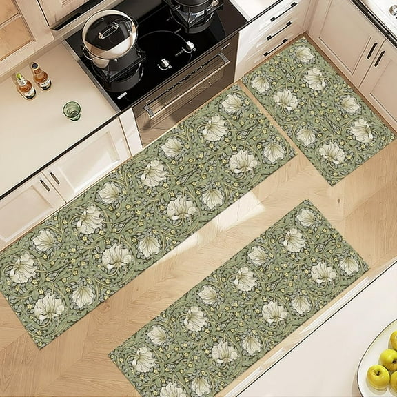Vintage Kitchen Rug Sets 3 Piece, Oriental Floral Kitchen Rugs and Mats Non Skid Washable, Soft and Non Slip Rubber Back Floor Mats for Hallway Entryway Laundry Room