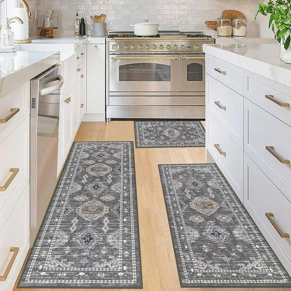 Vintage Kitchen Rug Sets 3 Piece with Runner Grey Kitchen Floor Mat Carpets Boho Kitchen Rugs and Mats Washable Kitchen Area Rug for Kitchen Floor Hallway Living Room Laundry