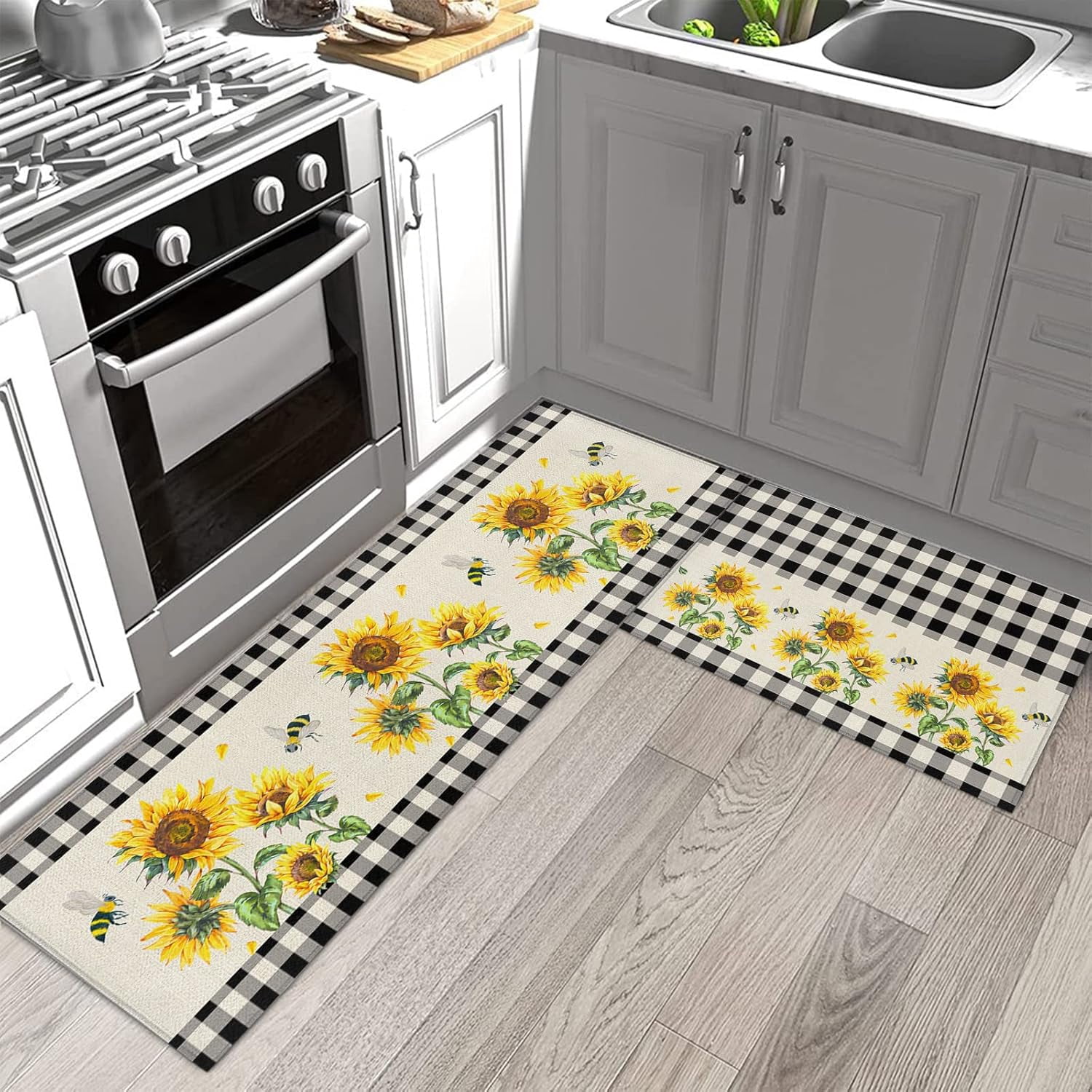 Vintage Kitchen Rugs and Mats Set of 2, Farm Sunflowers Blossoms Floral Non-Slip Floor Doormat Comfort Area Runner Rug and Mat, Black Beige Buffalo Check Indoor Entrance Carpet Home Decor