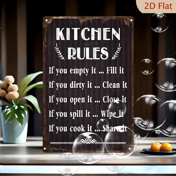 Vintage "Kitchen Rules" Metal Sign - 8x12 Inch, Weatherproof & Waterproof, Easy-to-Hang Decor For Home, Bar, Cafe, Garage - Rustic Black Wall Art With Humorous Kitchen Guidelines