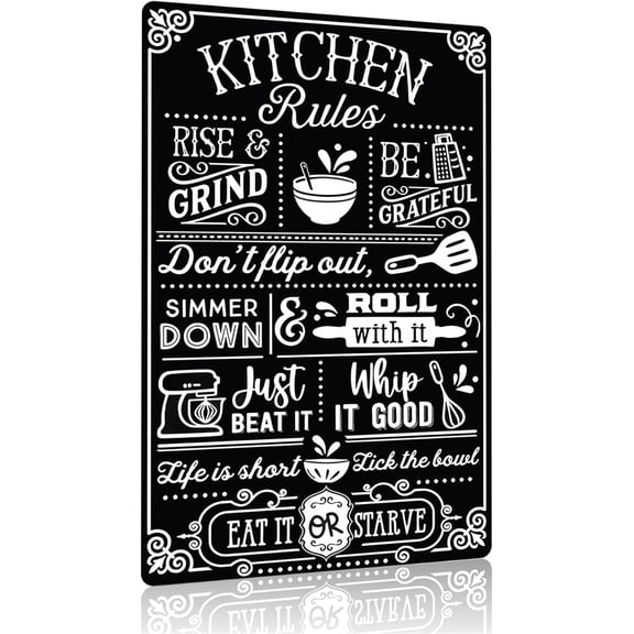 Vintage Kitchen Rules Tin Sign with Humorous Cooking Quotes, Farmhouse Home and Dining Room Wall Decor, 8 x 12 Inch