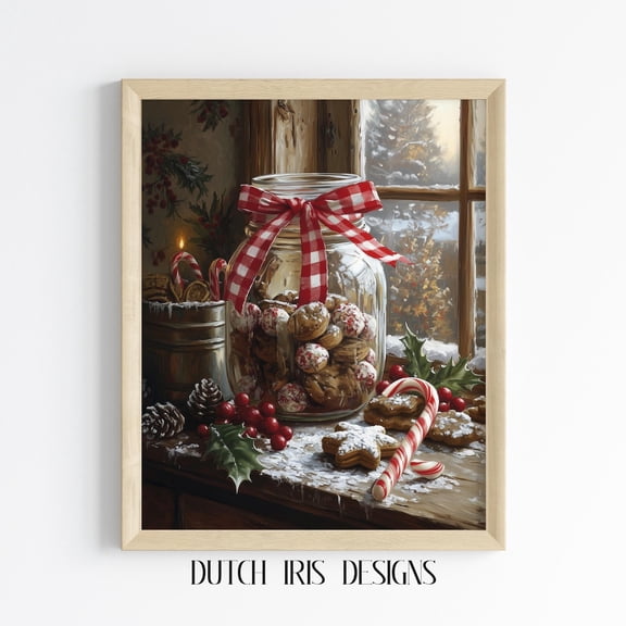Vintage Kitchen Scene, Wall Art With Cookies, Candy Canes, Rustic Winter Decor, Cottagecore Art Print 654 Home Decor #1281, Unframed Canvas Size 8x12