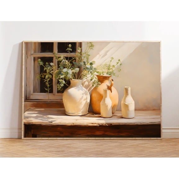 Vintage Kitchen Still Life Art Poster: Rustic Jars With Branches, Stretched Canvas Size 8x12