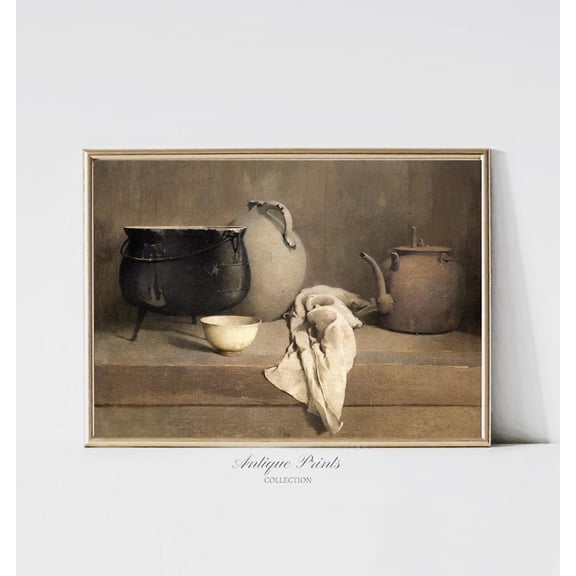 Vintage Kitchen Still Life Print, Antique Pots Wall Art, Rustic Farmhouse Kitchen Wall Decor, Neutral Home Decor #368, 8x12 UNFRAMED