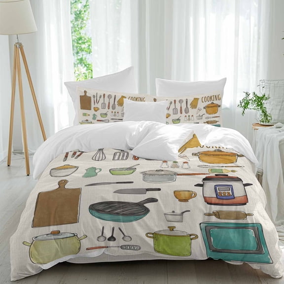 Vintage Kitchenware Duvet Cover Set Full Size, Cooking Kitchen Pot Spatula Bowl Plate 4 Piece Soft Microfiber Bedding Set with Zipper Closure, 1 Comforter Cover, 1 Flat Sheet, 2 Pillowcases