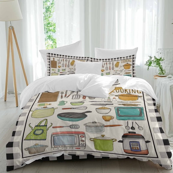Vintage Kitchenware Duvet Cover Set Queen Size, Cooking Kitchen Pot Spatula Bowl Spoon 4 Piece Soft Microfiber Bedding Set with Zipper Closure, 1 Comforter Cover, 1 Flat Sheet, 2 Pillowcases