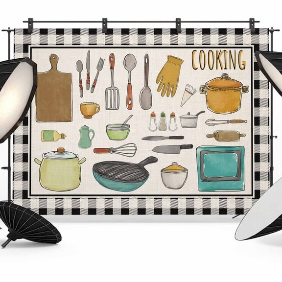 Vintage Kitchenware Photography Backdrop 7x5FT, Cooking Kitchen Pot Spatula Bowl Spoon Photo Backdrops, Background for Photography Studio Photo Studio Background, Back Drop for Photoshoot