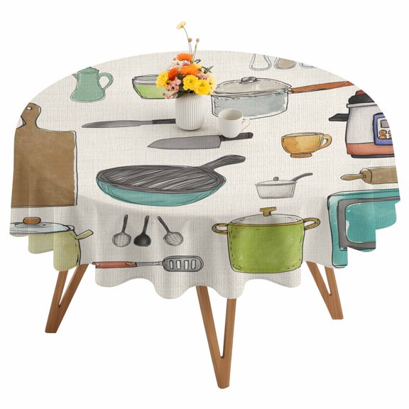 Vintage Kitchenware Round Tablecloth 60 inches Cooking Kitchen Pot Spatula Bowl Plate Waterproof Oil-Proof Table Cloth Round Table Cover for Holiday Party Picnic Dinner Decor Indoor and Outdoor Use