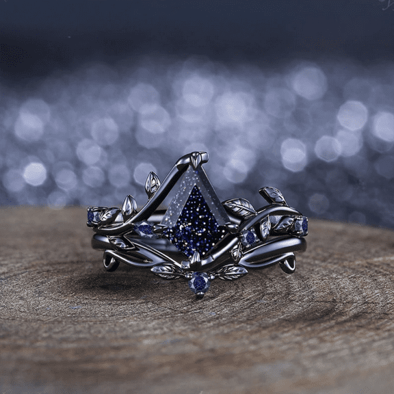 Vintage Kite Blue Sandstone Engagement Ring Set in 14K Black Gold Vermeil- Unique Leaf Design Cluster Ring