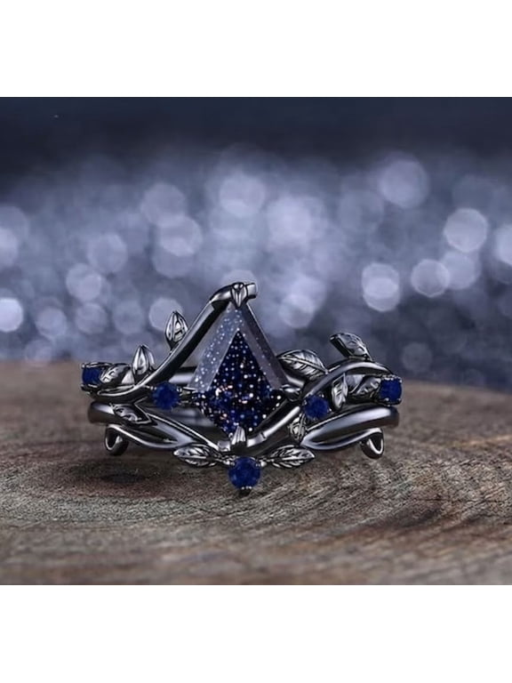 Vintage Kite Blue Sandstone Engagement Ring Set in 14K Black Gold Vermeil- Unique Leaf Design Cluster Ring