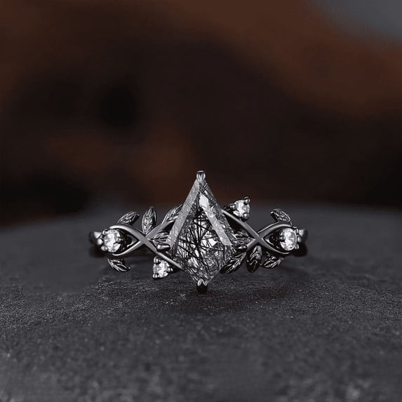 Vintage Kite-Cut Black Rutilated Quartz Ring- Cross-Leaf Diamond Statement Engagement Ring in 14K Black Gold Vermeil