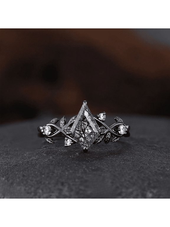 Vintage Kite-Cut Black Rutilated Quartz Ring- Cross-Leaf Diamond Statement Engagement Ring in 14K Black Gold Vermeil