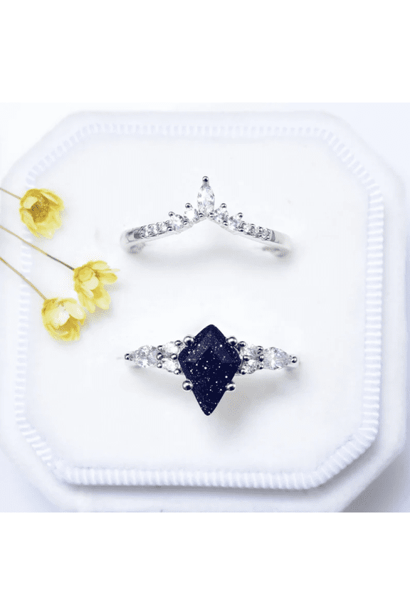 Vintage Kite Cut Blue Sandstone and White CZ Engagement Ring Set - 925 Sterling Silver - Art Deco Galaxy Stone Wedding Bridal Set