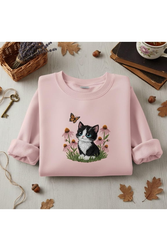 Vintage Kitten Embroidered Shirt Cute Cat And Butterfly Floral Sweatshirt 90s Cottagecore Nature Top Gift For Cat Lover