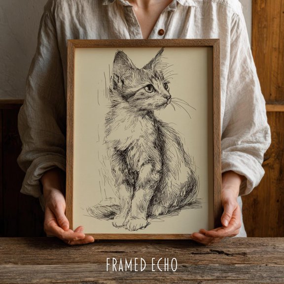 Vintage Kitten Sketch Print Rustic Farmhouse Ink Drawing, Unframed Paper Poster 8x10in