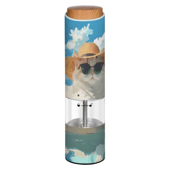 Vintage Kitten with A Straw Hat and Sunglasses Printed Electric Pepper Mill One-Touch Battery Operated Salt Grinder Adjustable Coarseness Decorative Counter Spice Tool