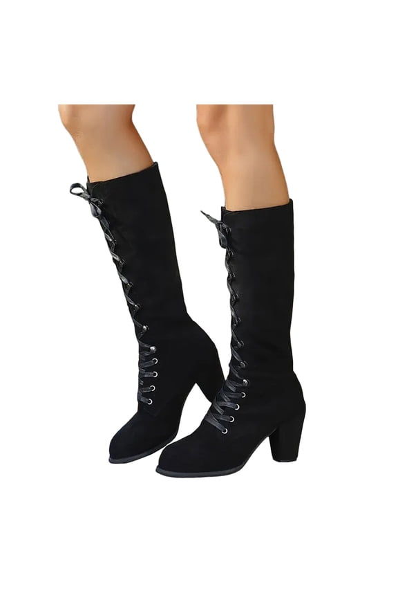 Vintage Knee High Combat Boots for Women Cocktail Party Suede Pointed Toe Block High Heel Strappy Long Tall Dress Boots Black Size 6.5
