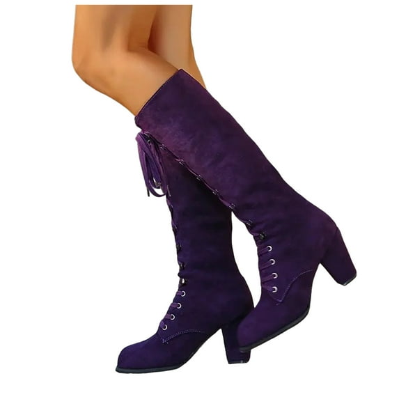 Vintage Knee High Combat Boots for Women Cocktail Party Suede Pointed Toe Block High Heel Strappy Long Tall Dress Boots Purple Size 9.5