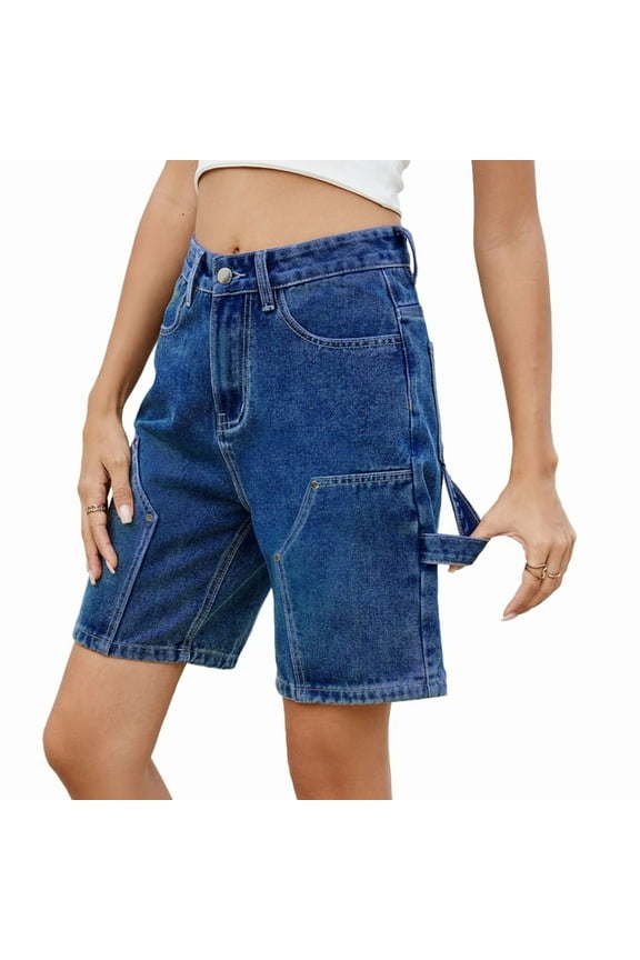 Vintage Knee Length Baggy Jorts with Pockets Cargo Shorts for Women High Waisted Y2k Streetwear Fashion Blue S