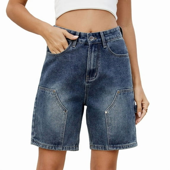 Vintage Knee Length Baggy Jorts with Pockets Cargo Shorts for Women High Waisted Y2k Streetwear Fashion Dark Blue XXL