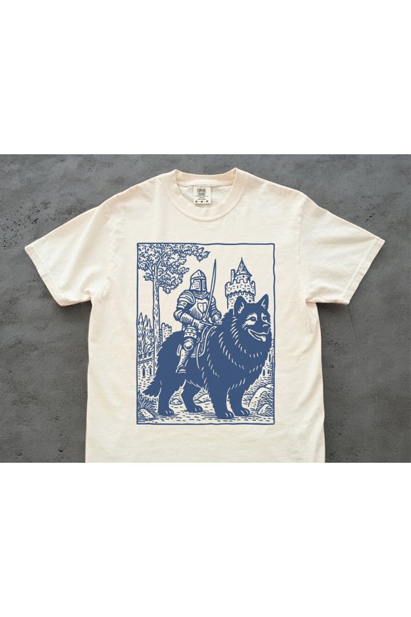 Vintage Knight Keeshond Rider Graphic T-Shirt for Medieval Dog Lovers