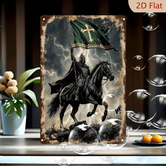 Vintage Knight on Black Horse Stormy Landscape Art, 8x12 Inches Metal Wall Decor with Green Banner Cross, Epic Crusader Scene for Home Office Gallery