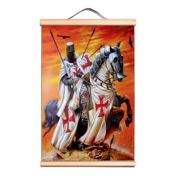 Vintage Knights Templar Wall Art Poster Solid Wood Scroll Painting, Christian Crusade Wall hanging Flag for History Enthusiasts Medieval Crusader Knight Decor 0,Multicolor,11.8X17.7 inches