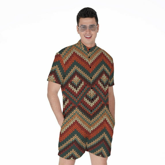 Vintage Knitted Pattern Short Sleeve Men'S Rompers Casual Summer Jumpsuits Outfit