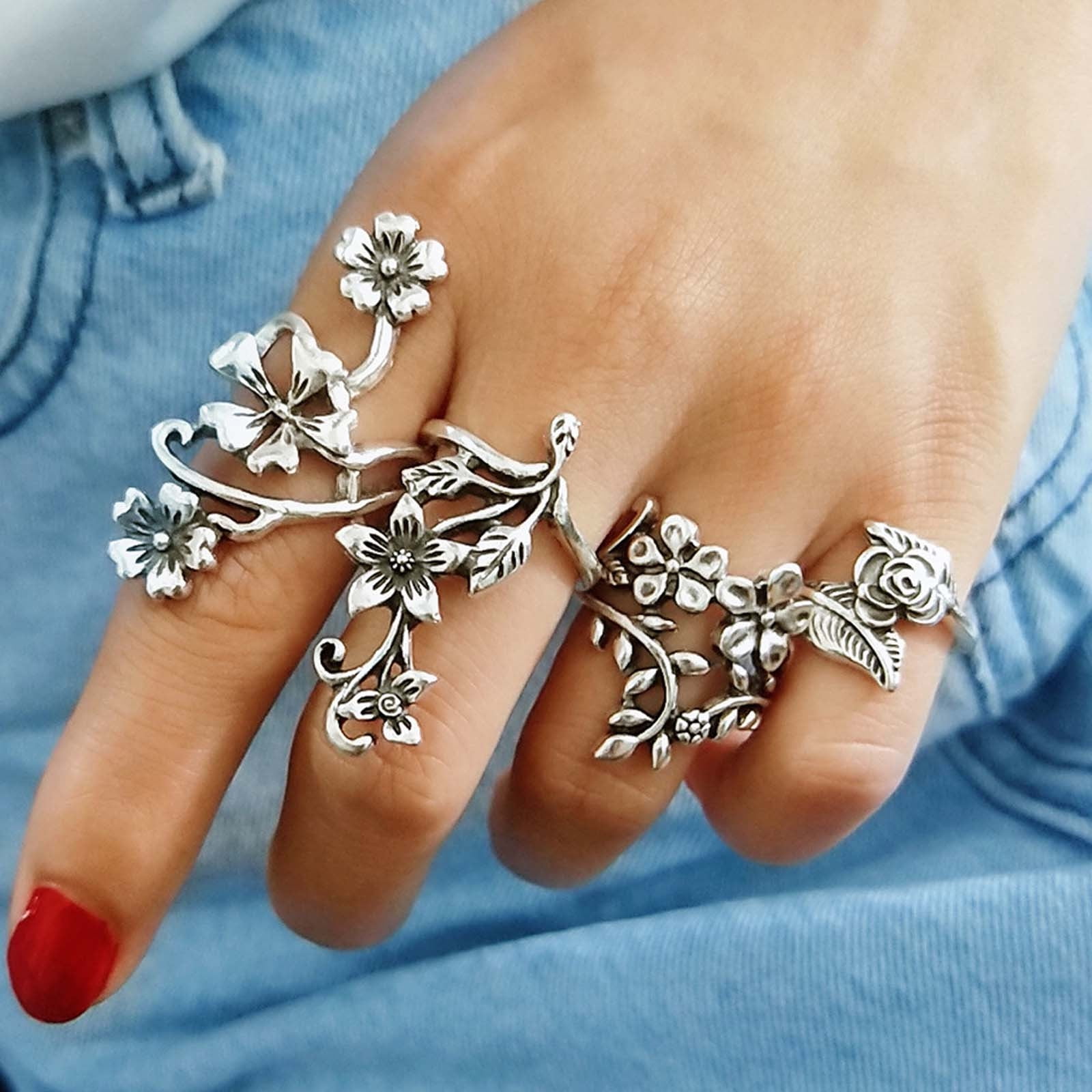 Chunky Knuckle Rings For Women - 6-Piece Gold Set With Baroque Pearl & Flower Designs, Adjustable Stacking Statement Rings - View #6