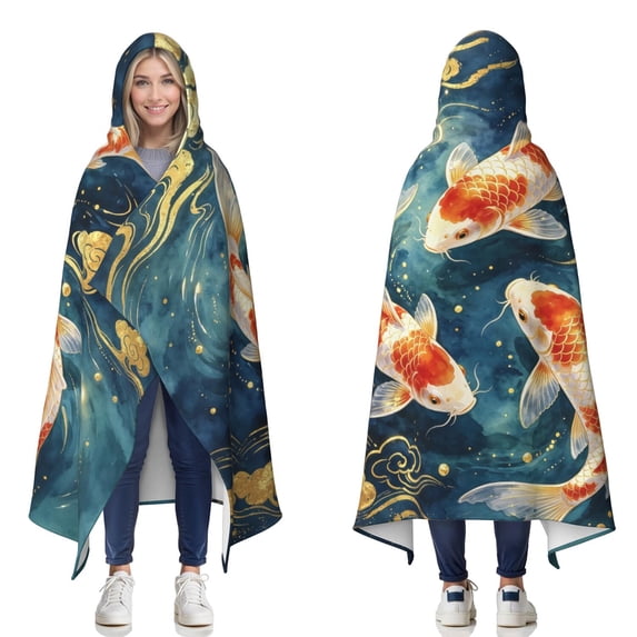Vintage Koi Fish Wearable Blanket Hoodies for Women Men Adults Fish Lovers Cozy Plush Funny Koi Fish Hooded Blankets for Home Bedding Decor Birthday Gifts 60X80 Inch