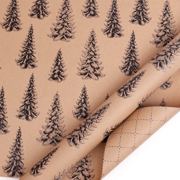 Vintage Kraft Christmas Wrapping Paper, 10 FT x 17 In Roll with Xmas Tree Designs, Heavy-Duty Recyclable Paper for Holiday Gift Wrapping