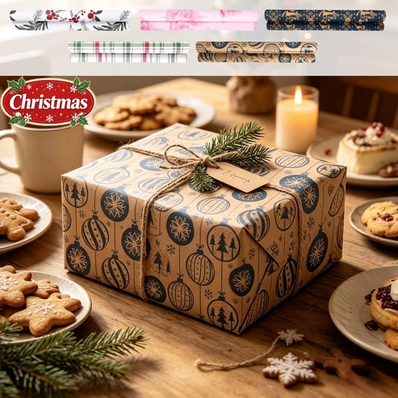 Wrapped Party Vintage Kraft Christmas Wrapping Paper Roll, Assorted Rustic Xmas ...