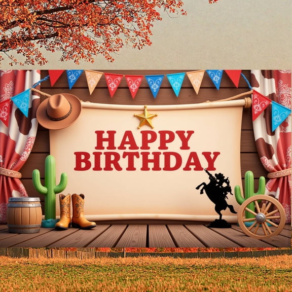 Vintage Kraft Paper Look Banner Western Cowboy Style Cowboy Party Backdrop Red Font Revolver Pattern Wild West Birthday Background for Kids Birthday Celebrations Western Rodeo Parties Indoor Photo