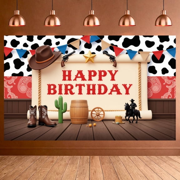 Vintage Kraft Paper Look Banner Western Cowboy Style Cowboy Party Backdrop Red Font Revolver Pattern Wild West Birthday Background for Kids Birthday Celebrations Western Rodeo Parties Indoor Photo