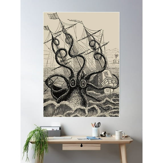 Vintage Kraken Attacking Ship Illustration Poster Wall Art, Modern Wall Decor For Living Room Bedroom, 16x24 UNFRAMED