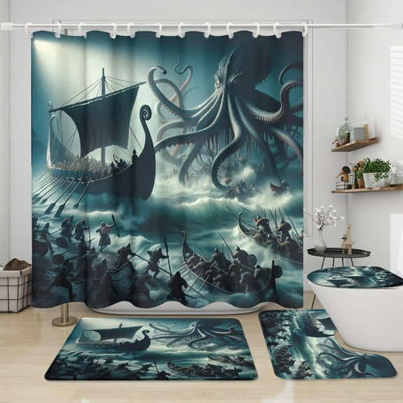 Vintage Kraken Nautical Pirate Ship 4 Piece Shower Curtain Sets,Fantasy Norse Vikings Theme Ocean Octopus Pirate Ship Non-Slip Rugs,Toilet Lid Cover and Bath Mat,Durable and Waterproof,for Bathroom