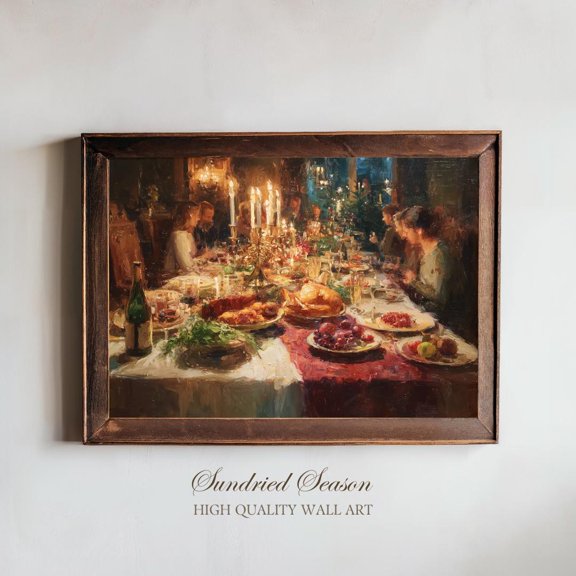 Vintage Kristmas Dinner Print, Cozy Feast Wall Art, Warm Festive Family Gathering Scene For Kitchen Or Dining Room Warm Present Vintage UNFRAMED Poster Size 8x12