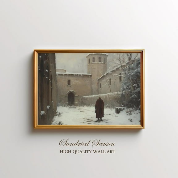 Vintage Kristmas Monk Wall Art, Historical Print, Snowy Cloister, Monk In Winter Home Decor, Medieval Gothic Aesthetic Warm Present Vintage UNFRAMED Poster Size 8x12