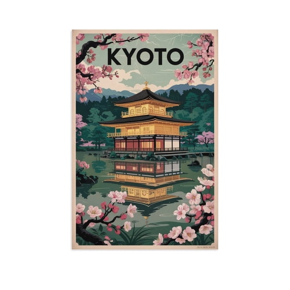 Vintage Kyoto Cityscape Retro Japanese Tourism with Traditional Architecture & Nature Canvas Poster