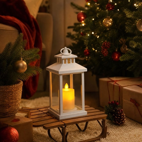 Vintage LED Candle Lantern Light, Plastic Frame, Flickering Warm Glow for Indoor Christmas Decor and Party Scenes