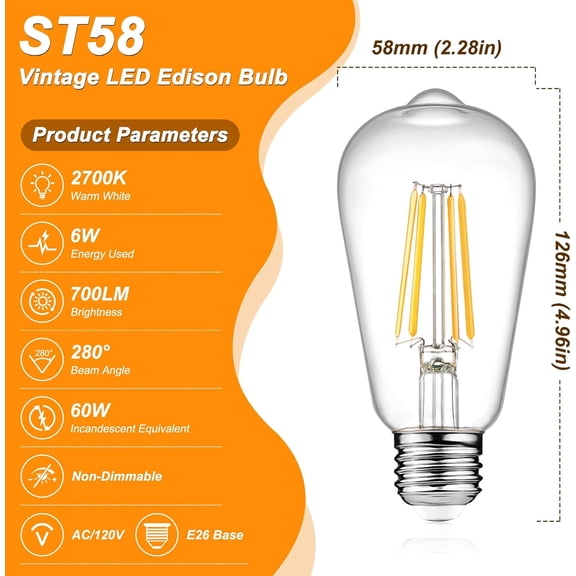 Vintage LED Edison Bulbs 6W, Equivalent 60W Incandescent, Non-Dimmable, Warm White 2700K, ST58 Antique LED Filament Bulbs with 80+ CRI, E26 Medium Base, Clear Glass, 6-Packs