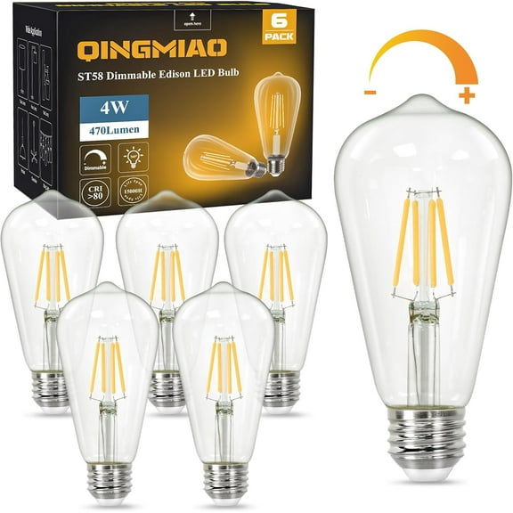 Vintage LED Edison Bulbs, ST58 Dimmable 4W E26 LED Bulb 40W Equivalent, 3000K Soft White Led Light Bulbs, Antique LED Filament Bulbs, CRI 80+, Flicker Free, No Glare, Clear Glass, Pack of 6