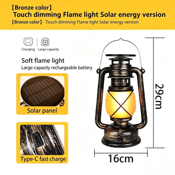 Vintage LED Flame Lantern, Solar & USB-C Rechargeable Retro Table Lamp-Solar powered [Flame Light] Bronze color