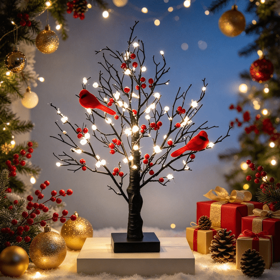 Vintage LED Glowing Tree with Cardinals, Cardinal Tree with Lights, Twinkle Lighted Tree with Lighted Branches & 2PCS Cardinals for Christmas Decorations, Battery Operated