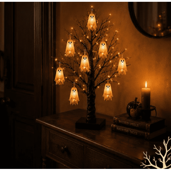 Vintage LED Halloween Ghost Tree, Warm Tone Lighted Ornament Tree, Mini Landscape Prop for Halloween Haunted Room Decoration