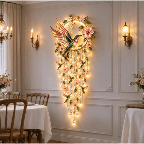 Vintage LED Lighted Hummingbird Floral Dreamcatcher Wall Hanging, Gilded Hoop with Pink Blossoms,Glowing Crystal & Pearl Tassel Accents,Premium Illuminated Boho Wall Art for Unique Housewarming Gift