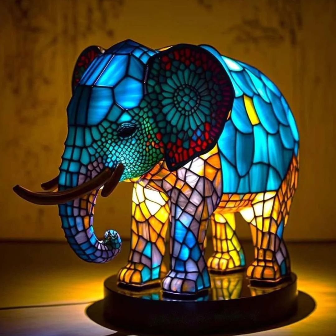 Vintage LED Resin Night Light with Stained Glass-Style Finish, Cute Animal Table Lamp, Resin Home Decor Statue for Bedroom, Artistic Home Decor & Gift for Animals Lovers