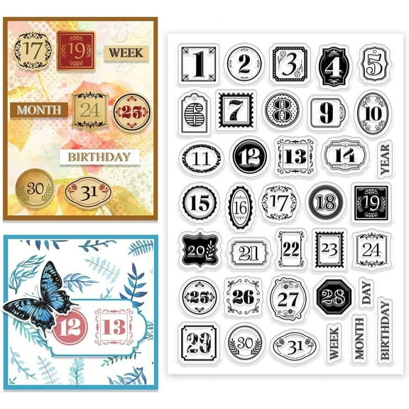 Vintage Label Calendar Clear Stamp Silicone Clear Stamps Multiple Number Style Stamps for DIY Scrapbooking Photo Album Decorative Cards Making Word 6.3X 4.33x 0.12inch for diy