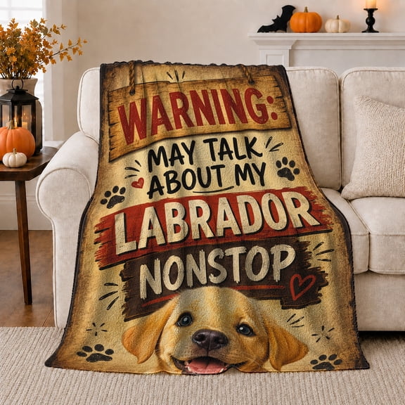 Vintage Labrador Puppy Warning, Playful Pet Portrait Pattern, Warm Flannel Blanket for Living Room and Reading Nook, Dog Lovers Christmas Gift, Pet Lover Home Decor